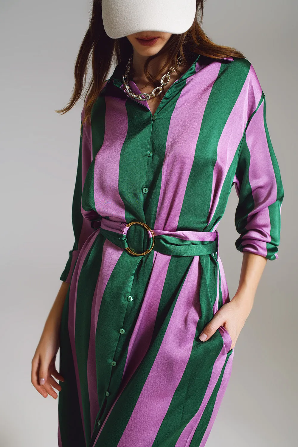 Q2 Lilac & Green Striped Shirt Dress