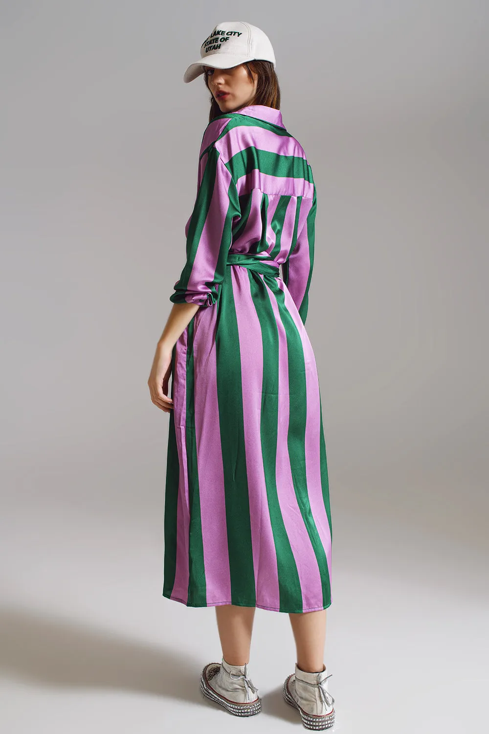 Q2 Lilac & Green Striped Shirt Dress