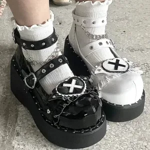 Sohiwoo Punk Metal Chain Platform Lolita Shoes Women Patent Leather Mary Jane Shoes Woman Japanese Style Flat Heels Ankle Straps Shoes