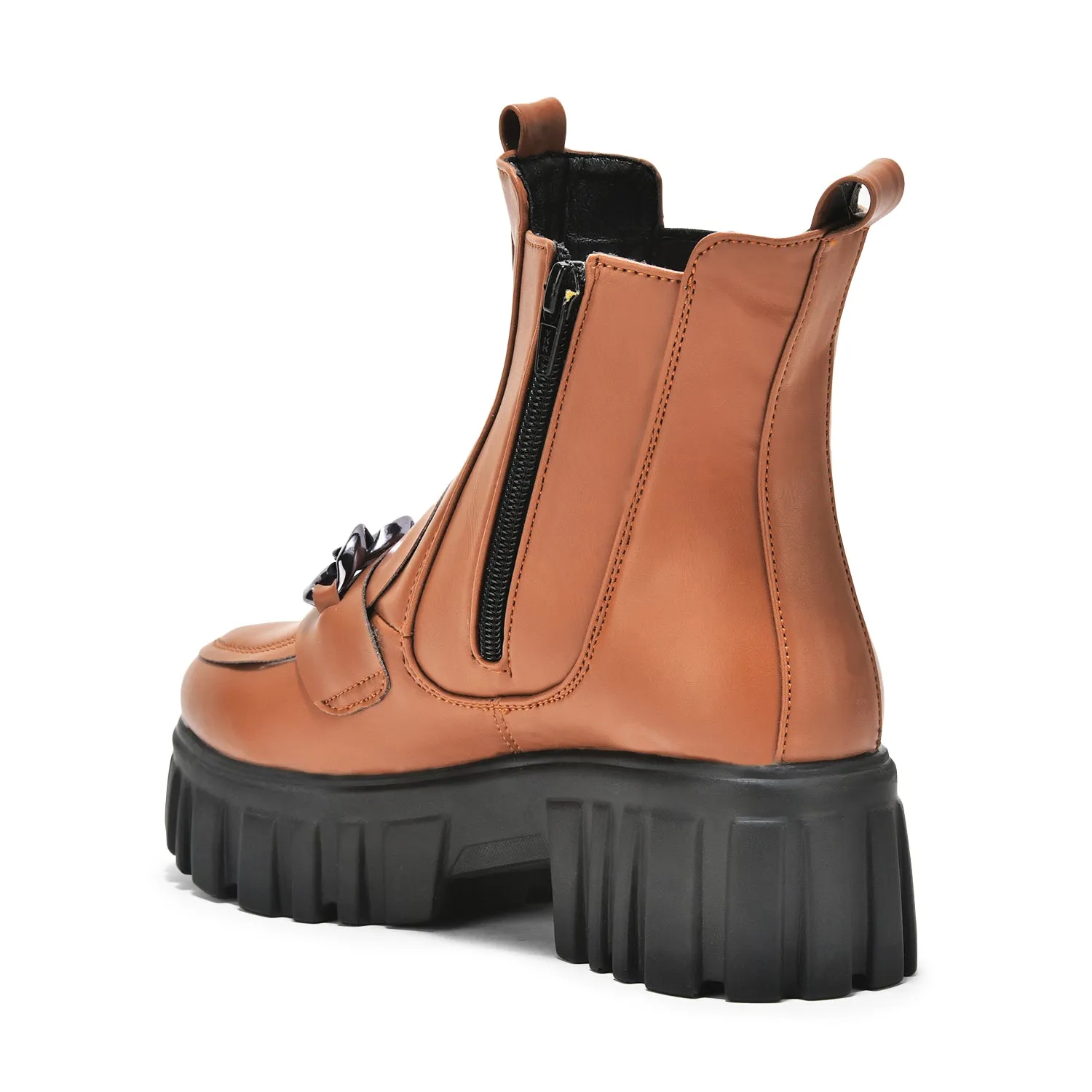 Tan Handcrafted Side Zipper & Elastic Ankle Boots