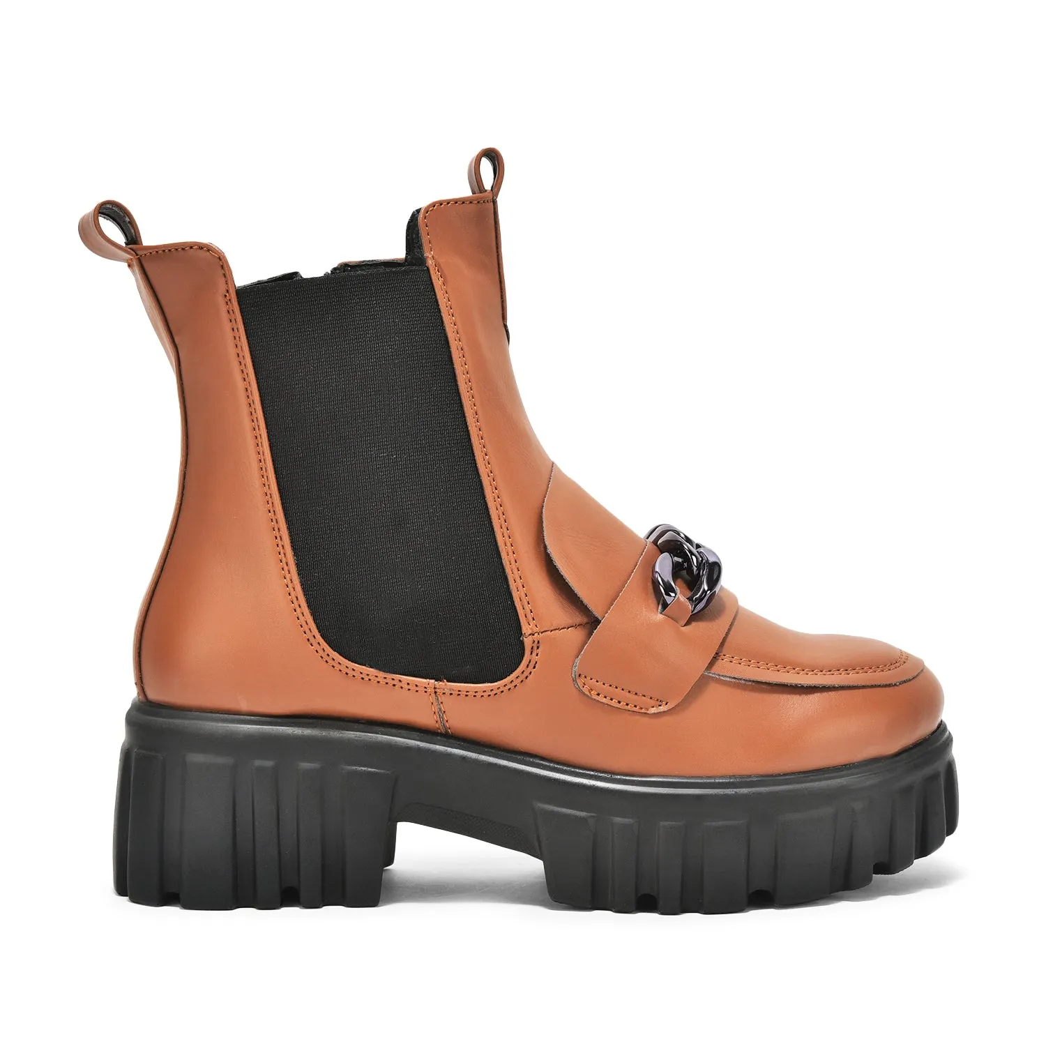 Tan Handcrafted Side Zipper & Elastic Ankle Boots