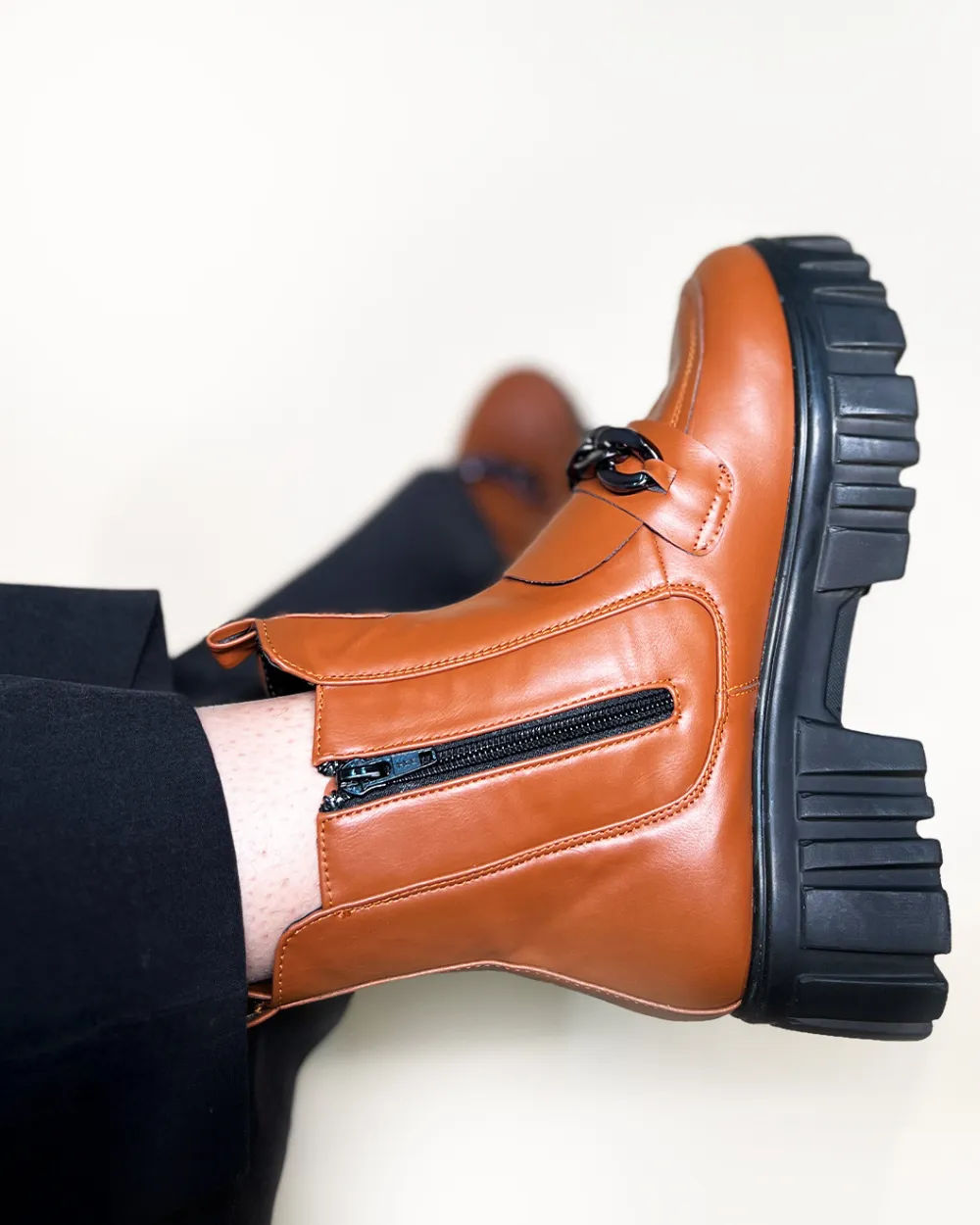 Tan Handcrafted Side Zipper & Elastic Ankle Boots