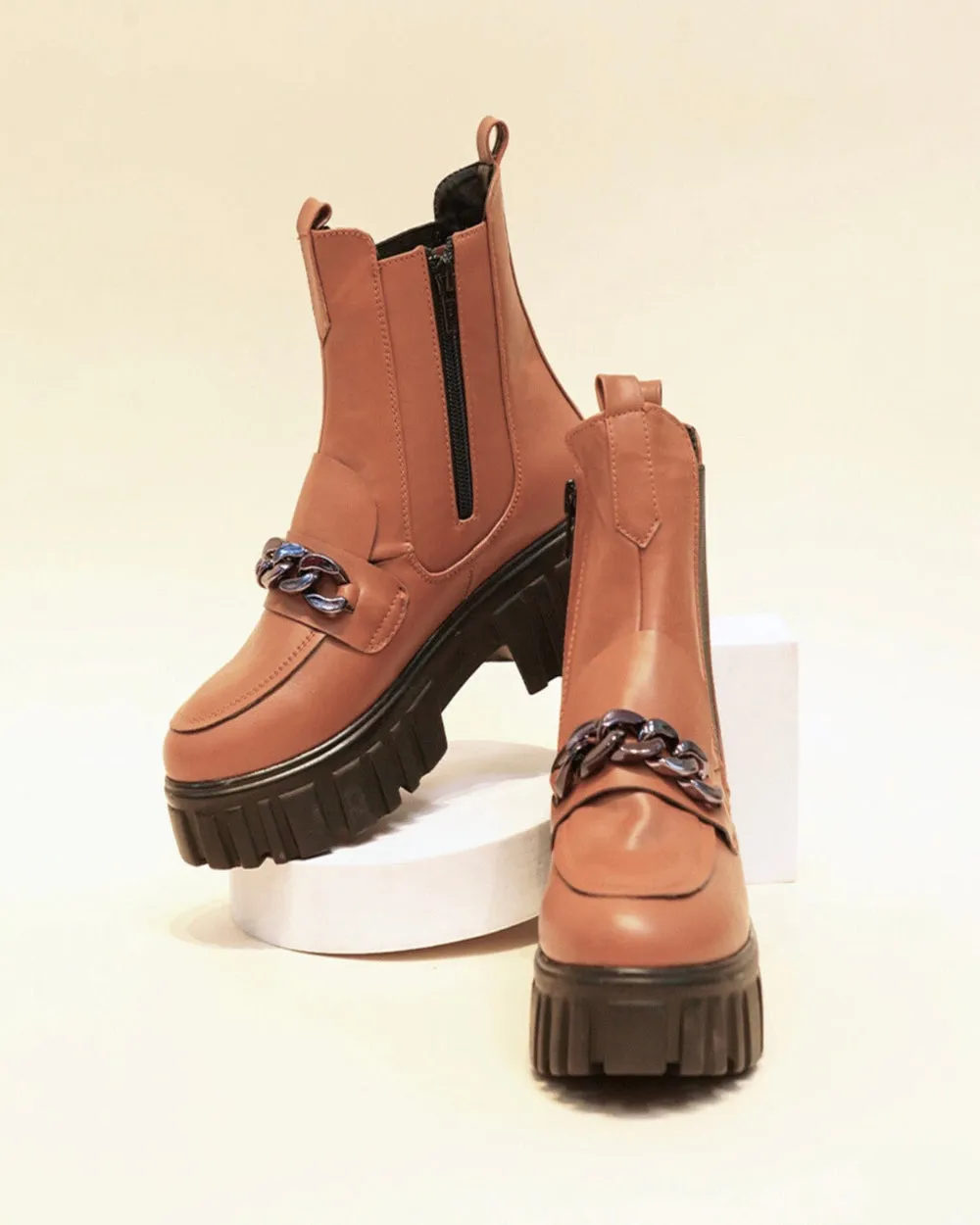 Tan Handcrafted Side Zipper & Elastic Ankle Boots