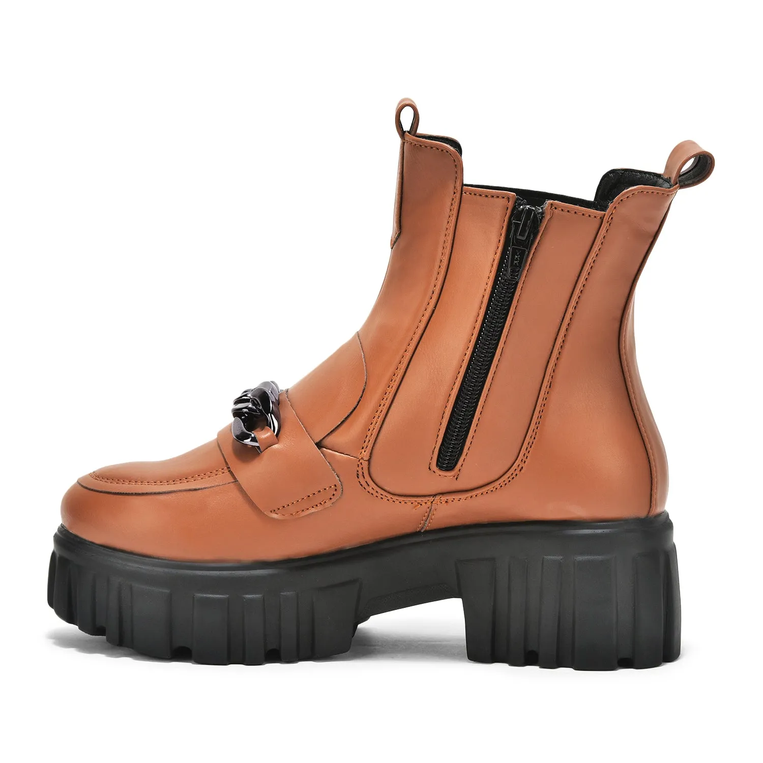 Tan Handcrafted Side Zipper & Elastic Ankle Boots