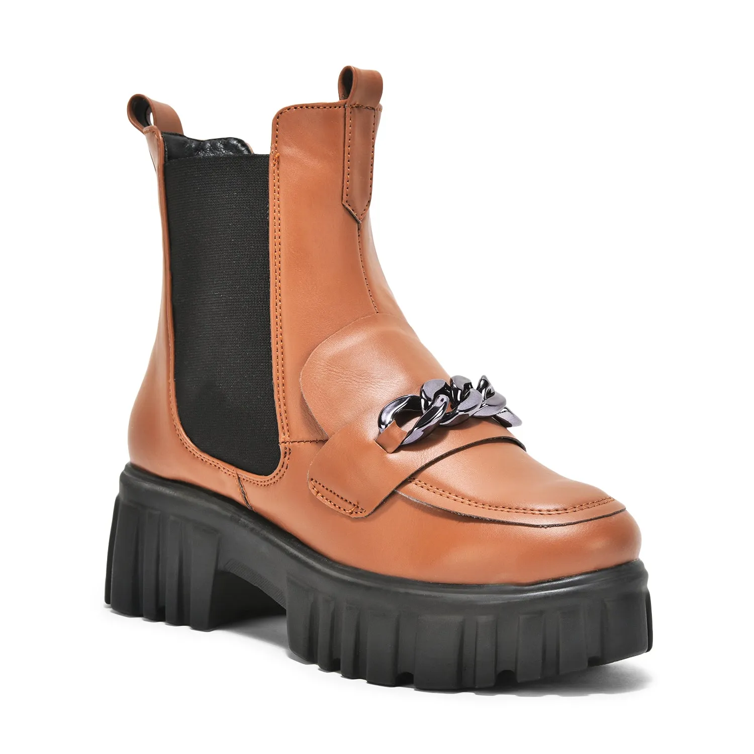 Tan Handcrafted Side Zipper & Elastic Ankle Boots